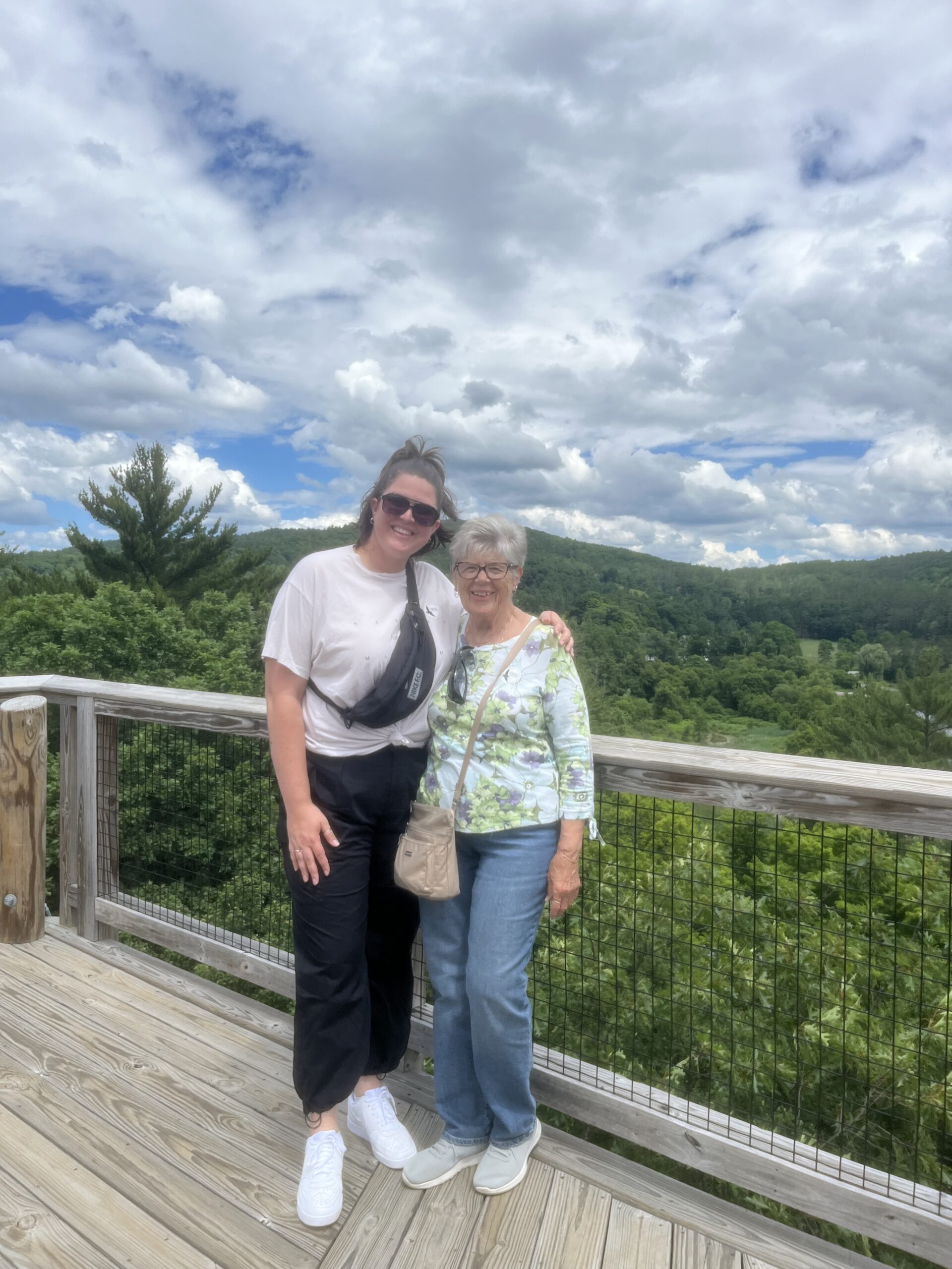 Jenna and her grandmother pose while visiting VINS (vermont nature center) in Queeche VT